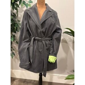 Indigo Saints Women's Gray Belted Fleece Coat L lime Green satin like lining